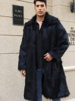 Long Black Men's Faux Fur Coat Winter Warm Long-Sleeved Jacket with Turn-Down Collar