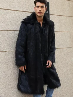 Long Black Men's Faux Fur Coat Winter Warm Long-Sleeved Jacket with Turn-Down Collar