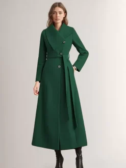 Long Coat For Woman Red Belted Wide Collar Warm Winter Outerwear 2026