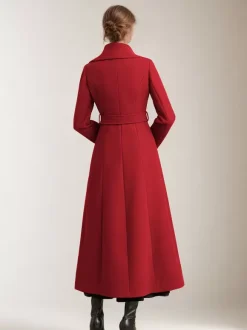 Long Coat For Woman Red Belted Wide Collar Warm Winter Outerwear 2026