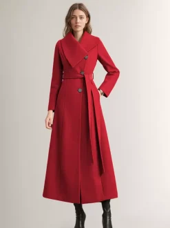 Long Coat For Woman Red Belted Wide Collar Warm Winter Outerwear 2026