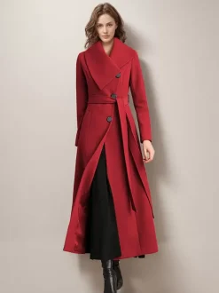 Long Coat For Woman Red Belted Wide Collar Warm Winter Outerwear 2026