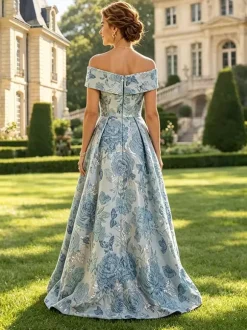 Long Floral Mother Dress Short Sleeves A-Line Flowers Guest Dresses