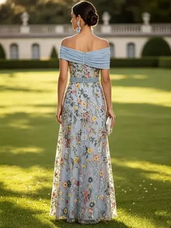 Long Formal Dress Floral A Line Off The Shoulder Embroidered Mother Dress Wedding Guest Dresses