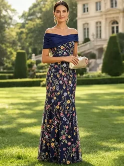 Long Formal Dress Floral A Line Off The Shoulder Embroidered Mother Dress Wedding Guest Dresses