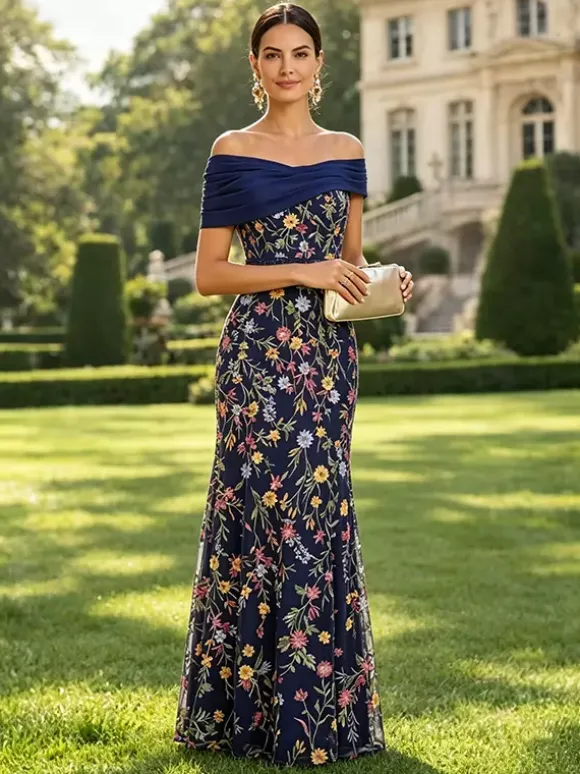Long Formal Dress Floral A Line Off The Shoulder Embroidered Mother Dress Wedding Guest Dresses