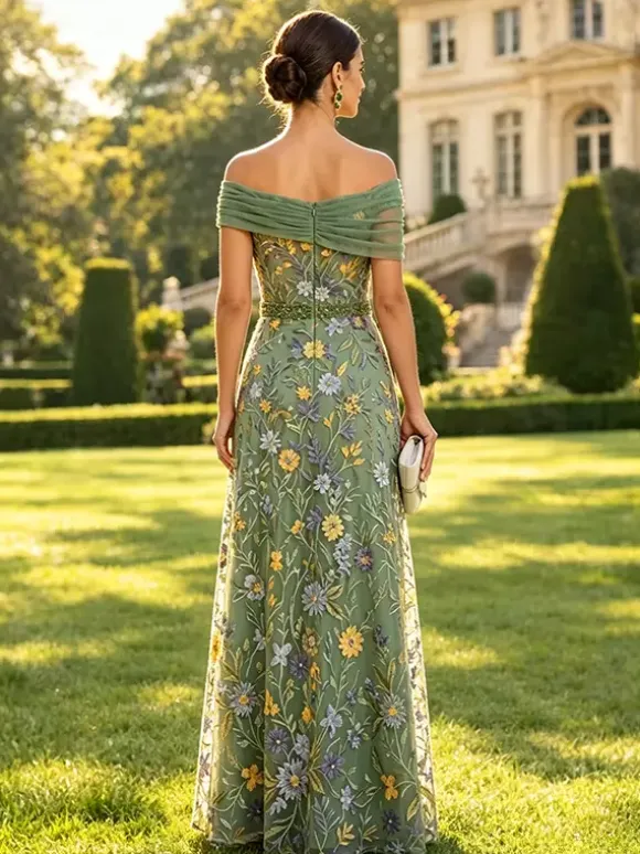 Long Formal Dress Floral A Line Off The Shoulder Embroidered Mother Dress Wedding Guest Dresses