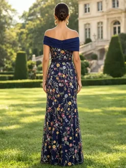 Long Formal Dress Floral A Line Off The Shoulder Embroidered Mother Dress Wedding Guest Dresses