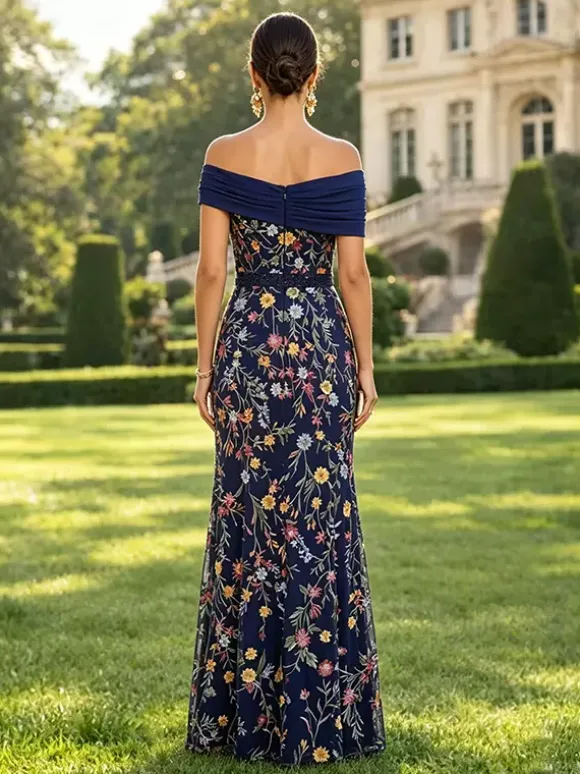 Long Formal Dress Floral A Line Off The Shoulder Embroidered Mother Dress Wedding Guest Dresses