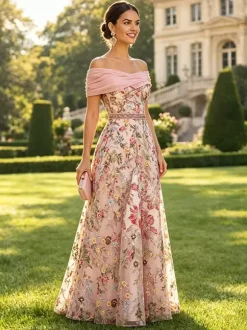 Long Formal Dress Floral A Line Off The Shoulder Embroidered Mother Dress Wedding Guest Dresses