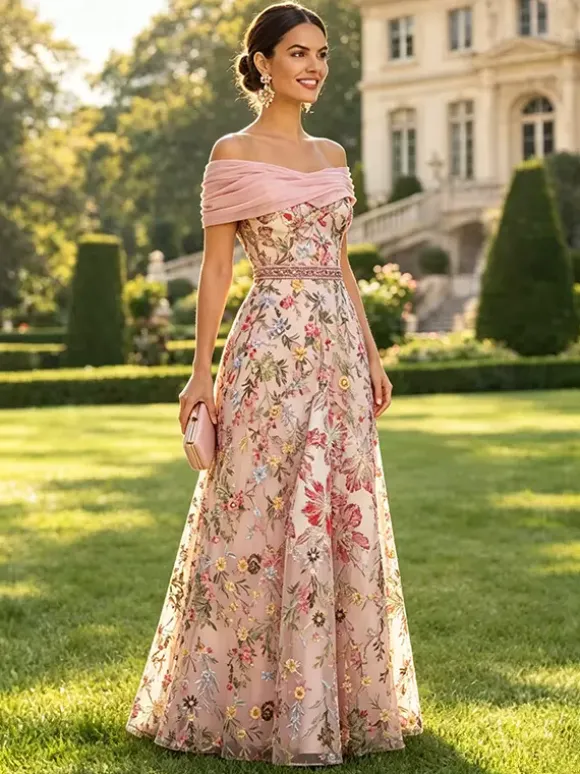 Long Formal Dress Floral A Line Off The Shoulder Embroidered Mother Dress Wedding Guest Dresses