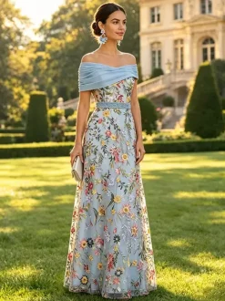 Long Formal Dress Floral A Line Off The Shoulder Embroidered Mother Dress Wedding Guest Dresses
