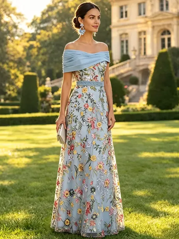 Long Formal Dress Floral A Line Off The Shoulder Embroidered Mother Dress Wedding Guest Dresses