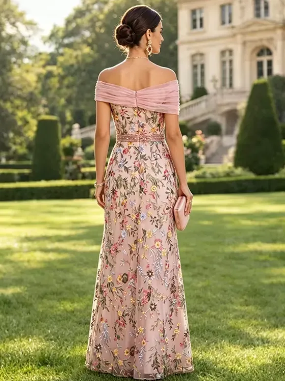 Long Formal Dress Floral A Line Off The Shoulder Embroidered Mother Dress Wedding Guest Dresses