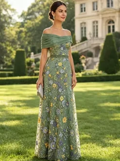 Long Formal Dress Floral A Line Off The Shoulder Embroidered Mother Dress Wedding Guest Dresses