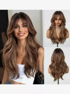 Long Layered Water Wave Synthetic Wig Curtain Bang Ombre Highlight Hair Wig