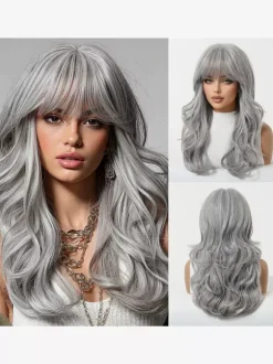 Long Layered Water Wave Synthetic Wig Curtain Bang Ombre Highlight Hair Wig