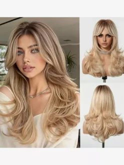 Long Layered Water Wave Synthetic Wig Curtain Bang Ombre Highlight Hair Wig