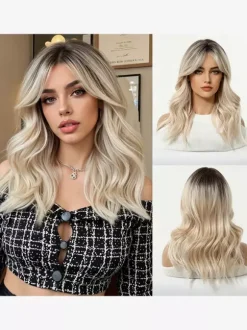 Long Layered Water Wave Synthetic Wig Curtain Bang Ombre Highlight Hair Wig