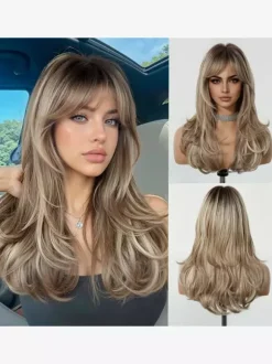 Long Layered Water Wave Synthetic Wig Curtain Bang Ombre Highlight Hair Wig