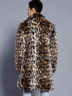 Long Leopard Men's Faux Fur Coat Long-Sleeved Jacket with Turn-Down Collar and Hood