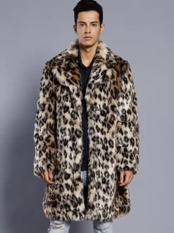 Long Leopard Men's Faux Fur Coat Long-Sleeved Jacket with Turn-Down Collar and Hood
