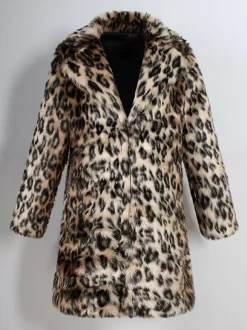 Long Leopard Men's Faux Fur Coat Long-Sleeved Jacket with Turn-Down Collar and Hood