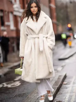 Longline Fux Fur Coat Notched Lapel Belted Eco-friendly Winter Jacket 2026