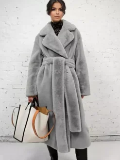 Longline Fux Fur Coat Notched Lapel Belted Eco-friendly Winter Jacket 2026