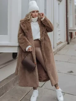 Longline Fux Fur Coat Notched Lapel Belted Eco-friendly Winter Jacket 2026
