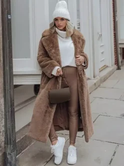 Longline Fux Fur Coat Notched Lapel Belted Eco-friendly Winter Jacket 2026