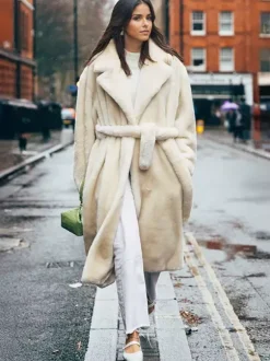 Longline Fux Fur Coat Notched Lapel Belted Eco-friendly Winter Jacket 2026