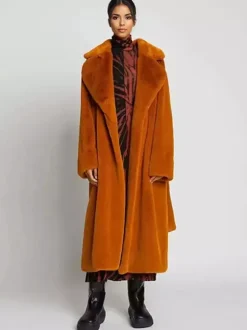 Longline Fux Fur Coat Notched Lapel Belted Eco-friendly Winter Jacket 2026