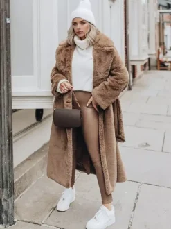 Longline Fux Fur Coat Notched Lapel Belted Eco-friendly Winter Jacket 2026