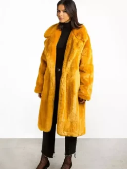 Longline Fux Fur Coat Notched Lapel Belted Eco-friendly Winter Jacket 2026