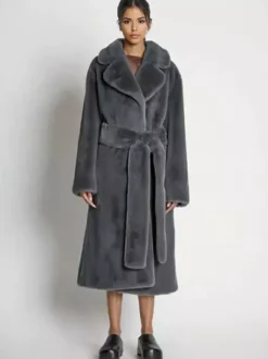 Longline Fux Fur Coat Notched Lapel Belted Eco-friendly Winter Jacket 2026
