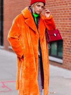 Longline Fux Fur Coat Notched Lapel Belted Eco-friendly Winter Jacket 2026
