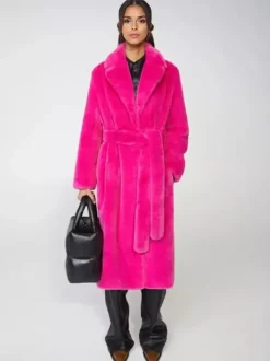 Longline Fux Fur Coat Notched Lapel Belted Eco-friendly Winter Jacket 2026
