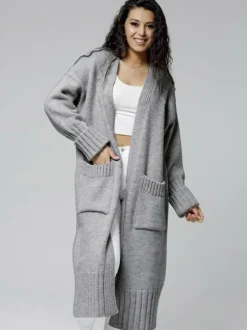 Longline Cardigan Drop Shoulder Ribbed Full Length Women's Sweater