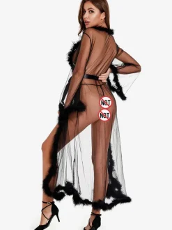 Long Nightgown Black Faux Fur Polyester Sexy Lingerie