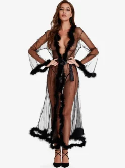 Long Nightgown Black Faux Fur Polyester Sexy Lingerie