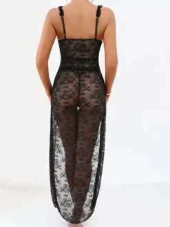 Long Nightgown Black Floral Sheer Mesh Maxi Dress High-slit Lace Sexy Lingerie