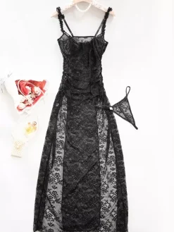 Long Nightgown Black Floral Sheer Mesh Maxi Dress High-slit Lace Sexy Lingerie