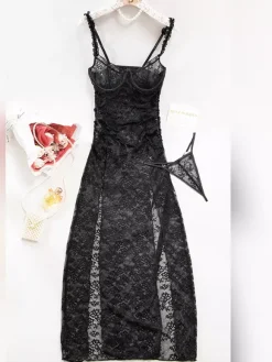 Long Nightgown Black Floral Sheer Mesh Maxi Dress High-slit Lace Sexy Lingerie