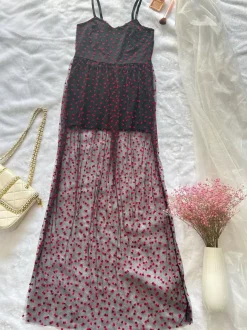 Long Nightgown Black Lace Two-Tone Backless Black Red Polka Dot Sheer Sleeveless Sexy Lingerie