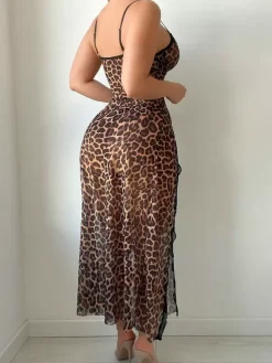 Long Nightgown Brown Split Front Leopard Print Sexy Adult's Lingerie