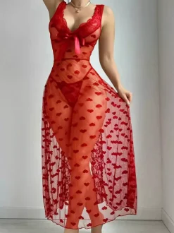 Long Nightgown Burgundy Lace Backless Sheer Mesh Lace Trim Heart Print Babydoll Sexy Lingerie