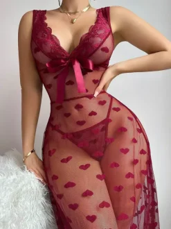 Long Nightgown Burgundy Lace Backless Sheer Mesh Lace Trim Heart Print Babydoll Sexy Lingerie