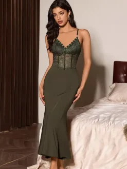 Long Nightgown Hunter Green Lace Backless Sexy Lingerie