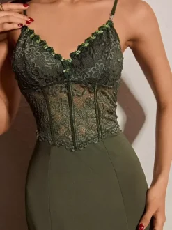 Long Nightgown Hunter Green Lace Backless Sexy Lingerie